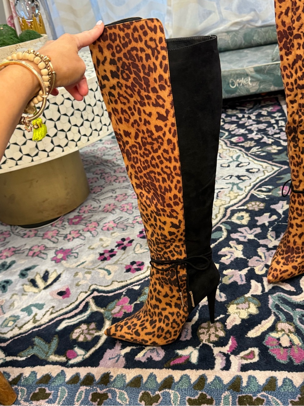 🐆▪️Black + Leopard Over-the-Knee Stiletto Boots with Rhinestone Tassel Ties▪️🐆 - Picture 8 of 8
